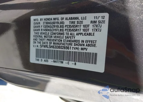 2013 Honda Odyssey Ex-L from USA, damaged, VIN 5FNRL5H63DB026961
